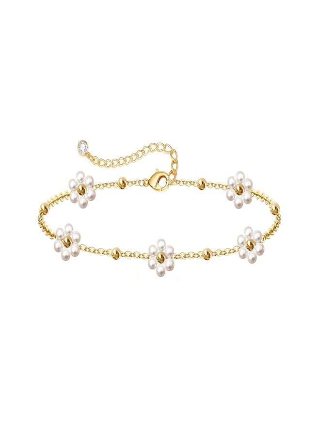 Zeffy Gold Bracelets for Women - 14K Gold Plated Pearl Daisy Flower Beaded Station Pearl Bracelets - Image 1